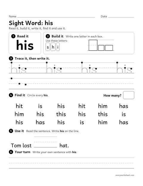 Preview of the printable “1st grade sight Word: his” worksheet: reading, building, writing and finding the sight word "his"