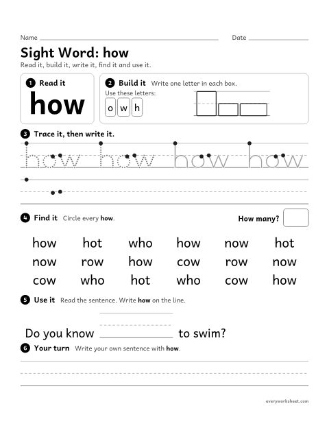 Preview of the printable “1st grade sight Word: how” worksheet: reading, building, writing and finding the sight word "how"