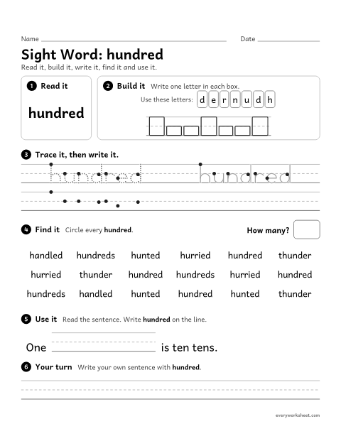 Preview of the printable “3rd grade sight Word: hundred” worksheet: reading, spelling, writing and finding the sight word "hundred"