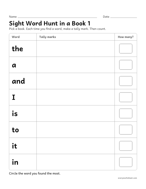 Preview of the printable “Sight word hunt in a book 1” worksheet: finding and counting sight words in a real book