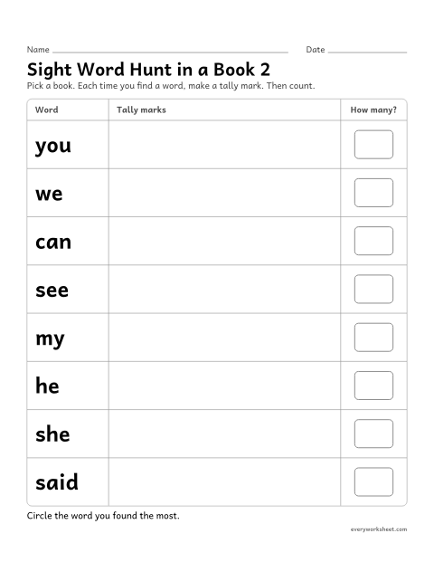 Preview of the printable “Sight word hunt in a book 2” worksheet: finding and counting sight words in a real book