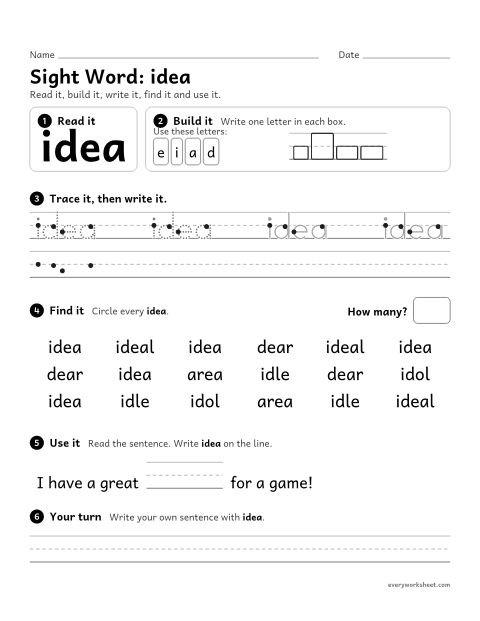 Preview of the printable “3rd grade sight Word: idea” worksheet: reading, spelling, writing and finding the sight word "idea"