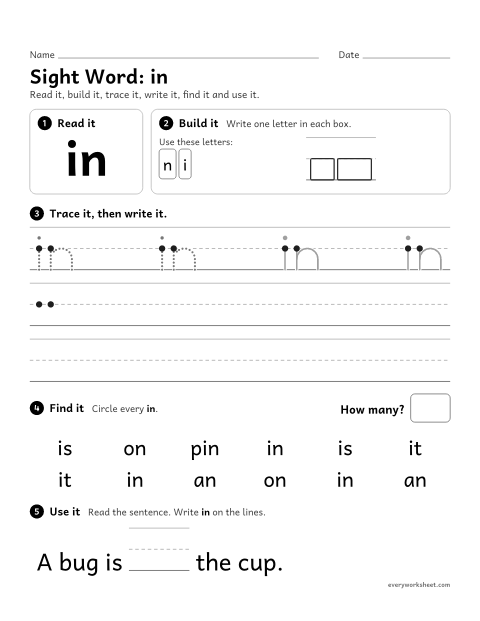 Preview of the printable “Sight Word: in” worksheet: reading and writing the sight word "in"