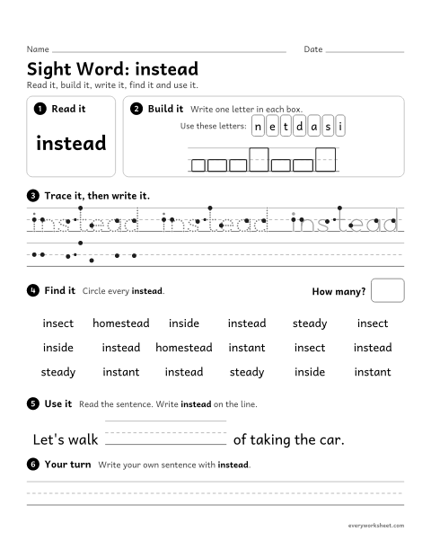 Preview of the printable “3rd grade sight Word: instead” worksheet: reading, spelling, writing and finding the sight word "instead"
