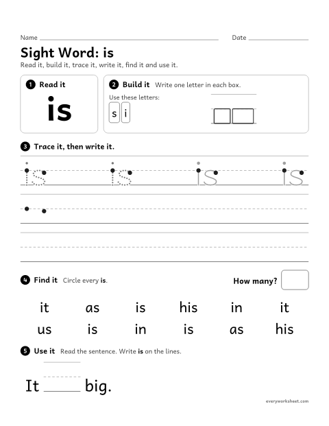 Preview of the printable “Sight Word: is” worksheet: reading and writing the sight word "is"