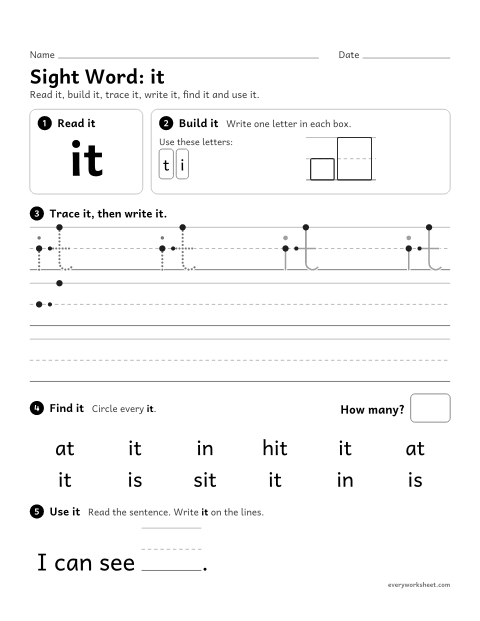 Preview of the printable “Sight Word: it” worksheet: reading and writing the sight word "it"