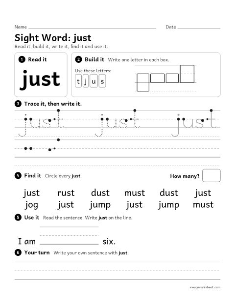 Preview of the printable “1st grade sight Word: just” worksheet: reading, building, writing and finding the sight word "just"