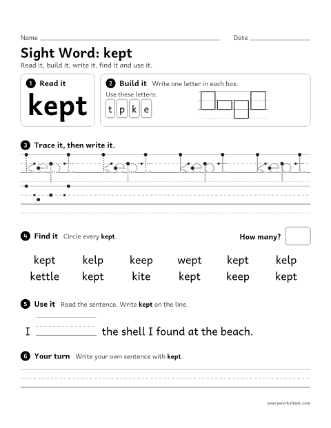 Preview of the printable “3rd grade sight Word: kept” worksheet: reading, spelling, writing and finding the sight word "kept"