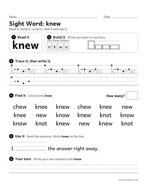 Preview of the printable “3rd grade sight Word: knew” worksheet: reading, spelling, writing and finding the sight word "knew"