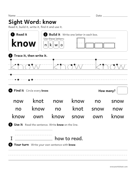 Preview of the printable “1st grade sight Word: know” worksheet: reading, building, writing and finding the sight word "know"