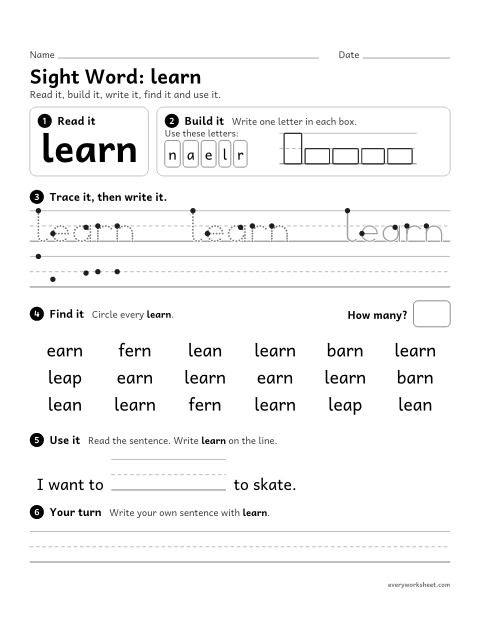 Preview of the printable “2nd grade sight Word: learn” worksheet: reading, building, writing and finding the sight word "learn"