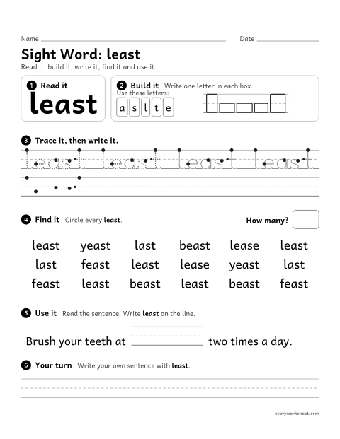 Preview of the printable “3rd grade sight Word: least” worksheet: reading, spelling, writing and finding the sight word "least"