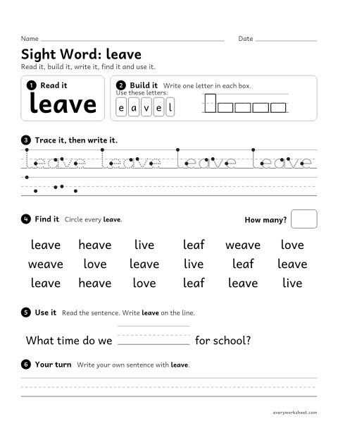 Preview of the printable “3rd grade sight Word: leave” worksheet: reading, spelling, writing and finding the sight word "leave"