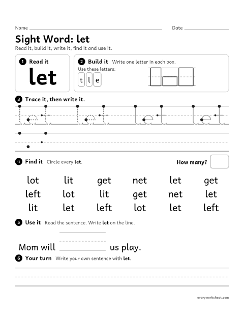 Preview of the printable “1st grade sight Word: let” worksheet: reading, building, writing and finding the sight word "let"