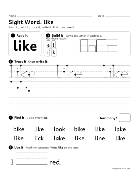 Preview of the printable “Sight Word: like” worksheet: reading and writing the sight word "like"