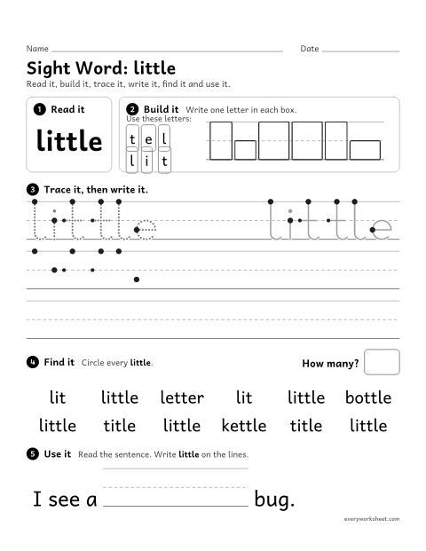 Preview of the printable “Sight Word: little” worksheet: reading and writing the sight word "little"