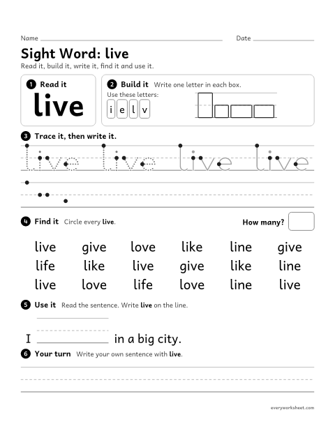 Preview of the printable “1st grade sight Word: live” worksheet: reading, building, writing and finding the sight word "live"