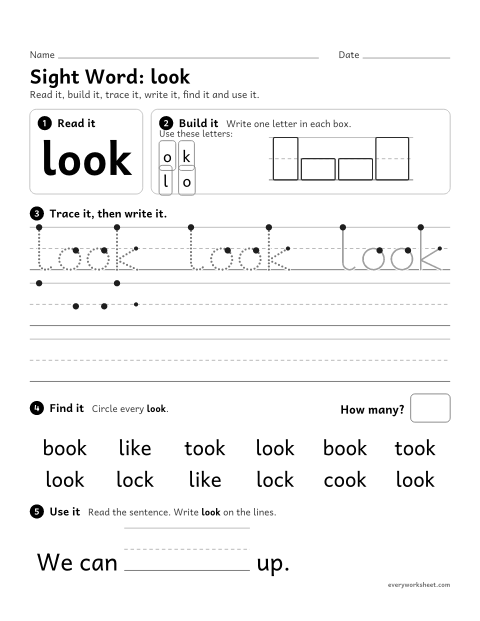 Preview of the printable “Sight Word: look” worksheet: reading and writing the sight word "look"