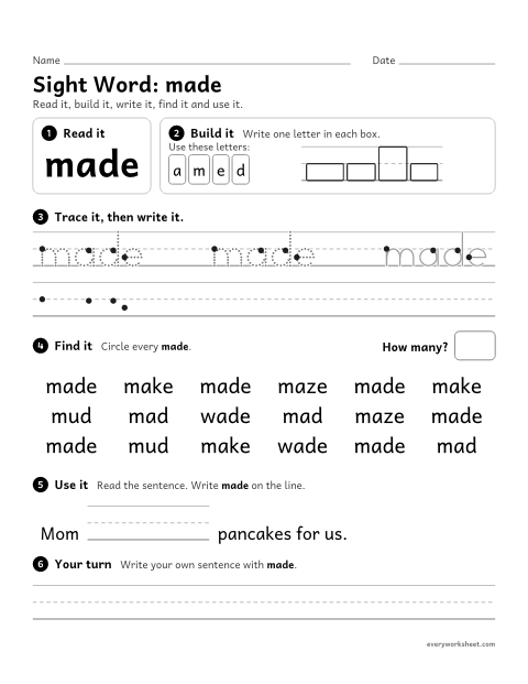 Preview of the printable “2nd grade sight Word: made” worksheet: reading, building, writing and finding the sight word "made"