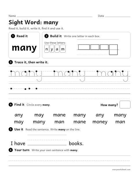 Preview of the printable “1st grade sight Word: many” worksheet: reading, building, writing and finding the sight word "many"