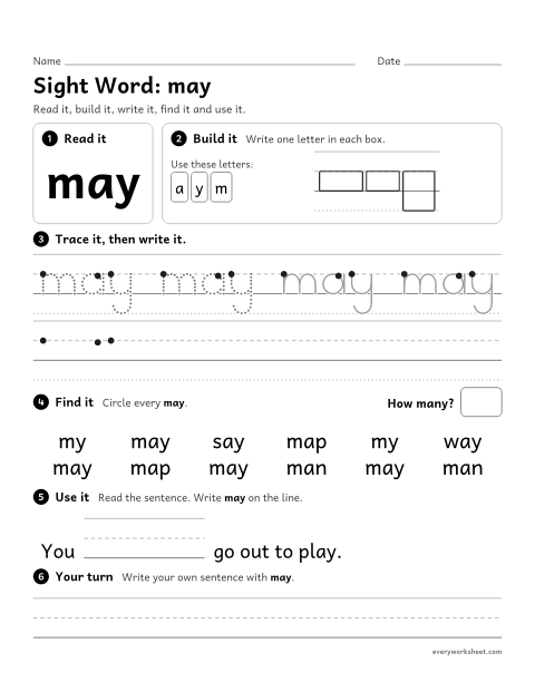 Preview of the printable “1st grade sight Word: may” worksheet: reading, building, writing and finding the sight word "may"