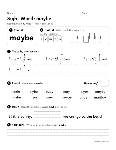 Preview of the printable “3rd grade sight Word: maybe” worksheet: reading, spelling, writing and finding the sight word "maybe"
