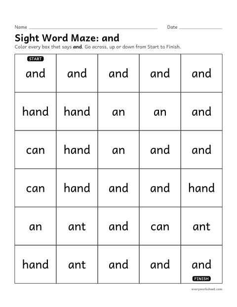 Preview of the printable “Sight word Maze: and” worksheet: telling the sight word "and" from look-alike words