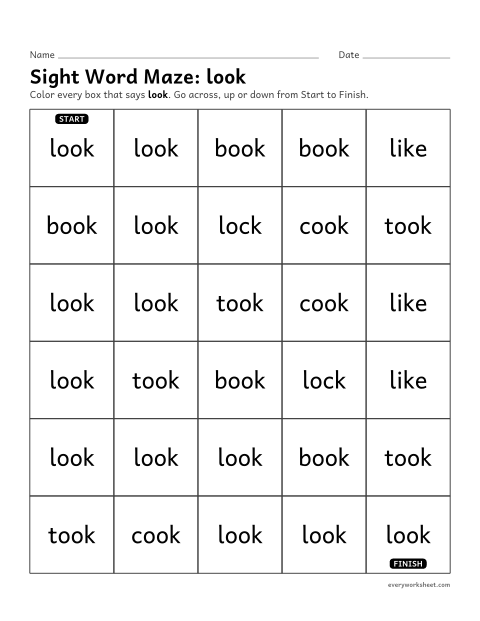 Preview of the printable “Sight word Maze: look” worksheet: telling the sight word "look" from look-alike words