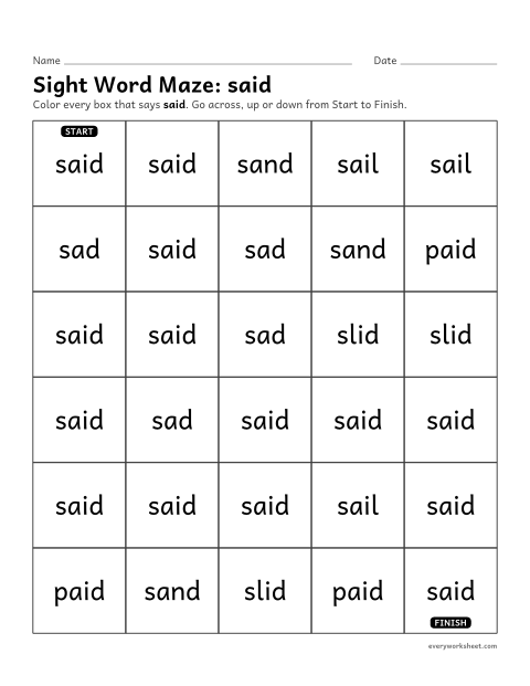 Preview of the printable “Sight word Maze: said” worksheet: telling the sight word "said" from look-alike words