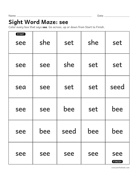 Preview of the printable “Sight word Maze: see” worksheet: telling the sight word "see" from look-alike words