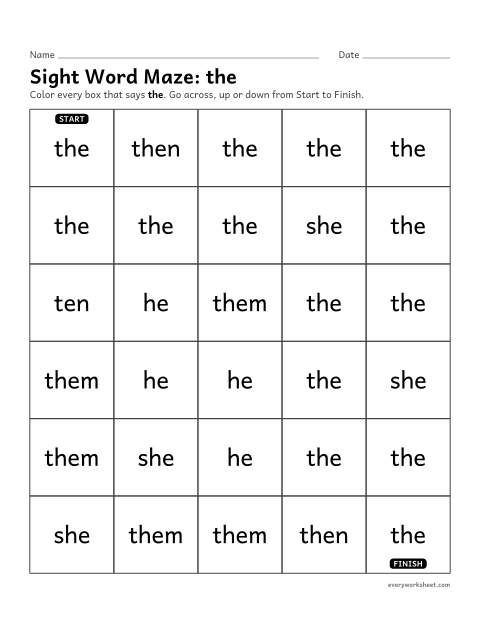 Preview of the printable “Sight word Maze: the” worksheet: telling the sight word "the" from look-alike words