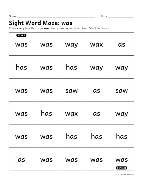 Preview of the printable “Sight word Maze: was” worksheet: telling the sight word "was" from look-alike words