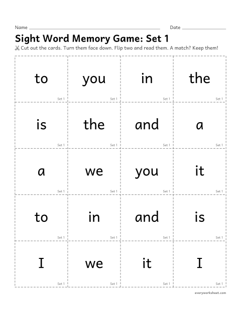 Preview of the printable “Sight word memory Game: set 1” worksheet: reading sight words 1-10 to find matching pairs