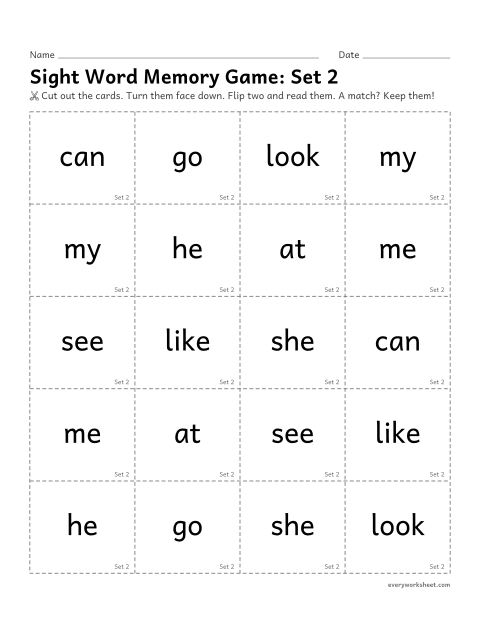 Preview of the printable “Sight word memory Game: set 2” worksheet: reading sight words 11-20 to find matching pairs
