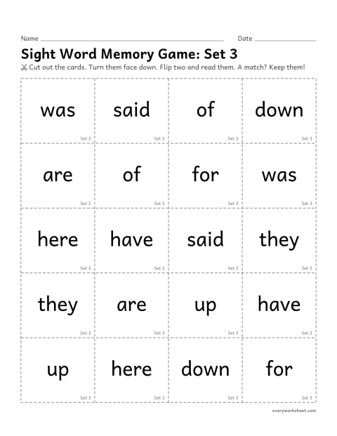 Preview of the printable “Sight word memory Game: set 3” worksheet: reading sight words 21-30 to find matching pairs