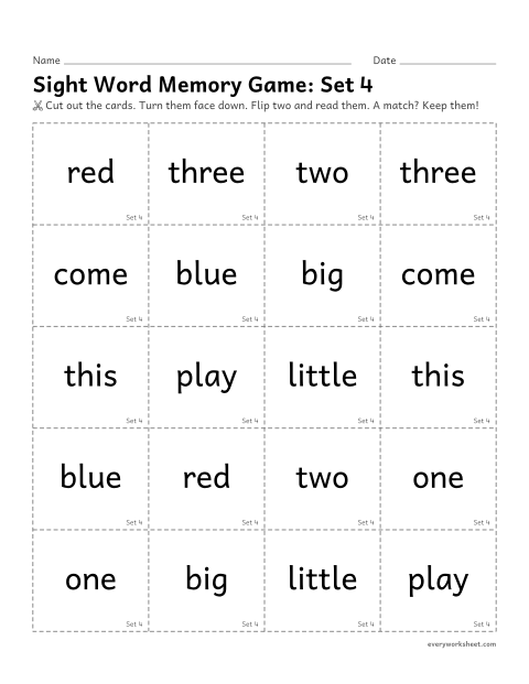 Preview of the printable “Sight word memory Game: set 4” worksheet: reading sight words 31-40 to find matching pairs