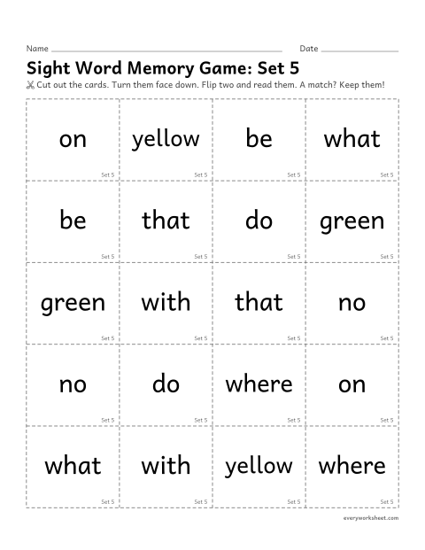 Preview of the printable “Sight word memory Game: set 5” worksheet: reading sight words 41-50 to find matching pairs