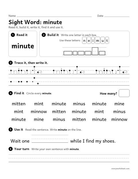 Preview of the printable “3rd grade sight Word: minute” worksheet: reading, spelling, writing and finding the sight word "minute"