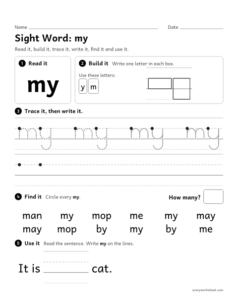 Preview of the printable “Sight Word: my” worksheet: reading and writing the sight word "my"
