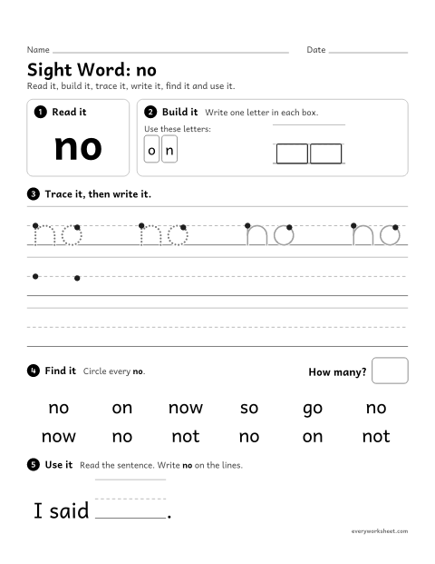 Preview of the printable “Sight Word: no” worksheet: reading and writing the sight word "no"