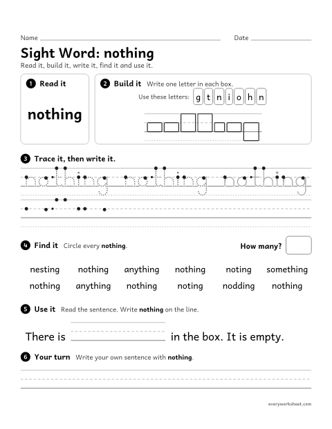Preview of the printable “3rd grade sight Word: nothing” worksheet: reading, spelling, writing and finding the sight word "nothing"