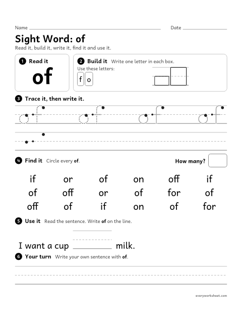 Preview of the printable “1st grade sight Word: of” worksheet: reading, building, writing and finding the sight word "of"