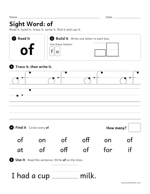 Preview of the printable “Sight Word: of” worksheet: reading and writing the sight word "of"