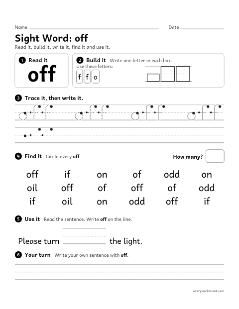 Preview of the printable “2nd grade sight Word: off” worksheet: reading, building, writing and finding the sight word "off"