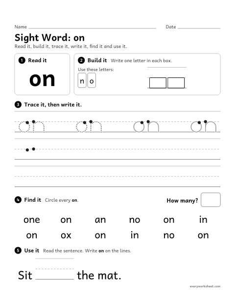 Preview of the printable “Sight Word: on” worksheet: reading and writing the sight word "on"