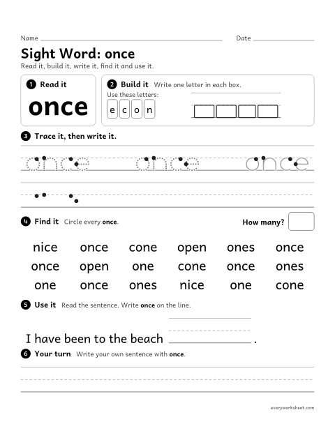 Preview of the printable “1st grade sight Word: once” worksheet: reading, building, writing and finding the sight word "once"