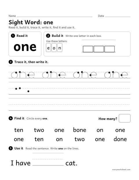 Preview of the printable “Sight Word: one” worksheet: reading and writing the sight word "one"