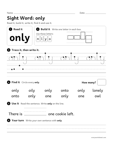 Preview of the printable “2nd grade sight Word: only” worksheet: reading, building, writing and finding the sight word "only"