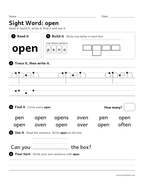 Preview of the printable “1st grade sight Word: open” worksheet: reading, building, writing and finding the sight word "open"