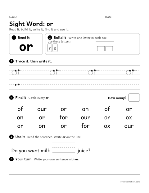 Preview of the printable “2nd grade sight Word: or” worksheet: reading, building, writing and finding the sight word "or"